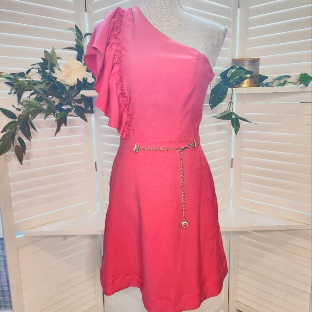 LALIBELA NEW VESTIDO CURTO BABADO EM FRESH PINK BELTED DRESS P/S RETAIL $500